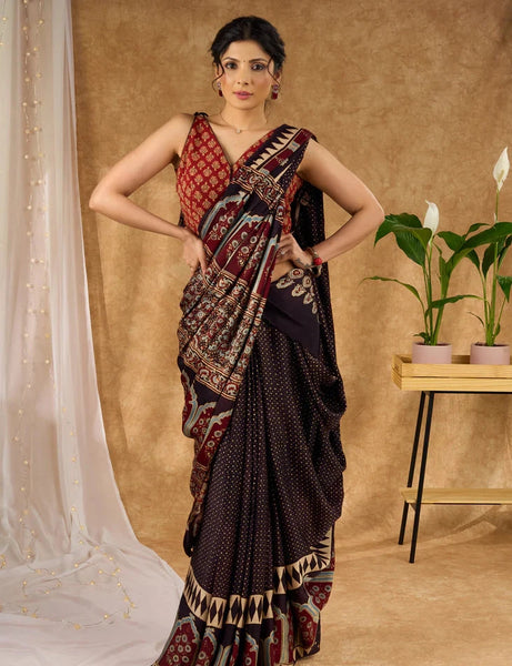 Modal Silk Ajrakh Hand Block Printed Black Saree