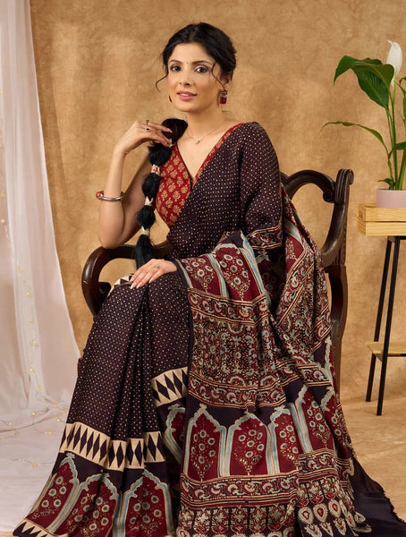 Modal Silk Ajrakh Hand Block Printed Black Saree