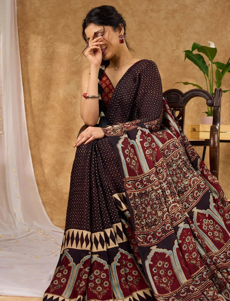 Modal Silk Ajrakh Hand Block Printed Black Saree
