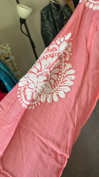 Silk Handwoven Dual Shaded Peach Pink Chikankari Short Kurti