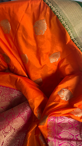 Pure Katan Silk Handloom Saree in Orange and Pink and Green