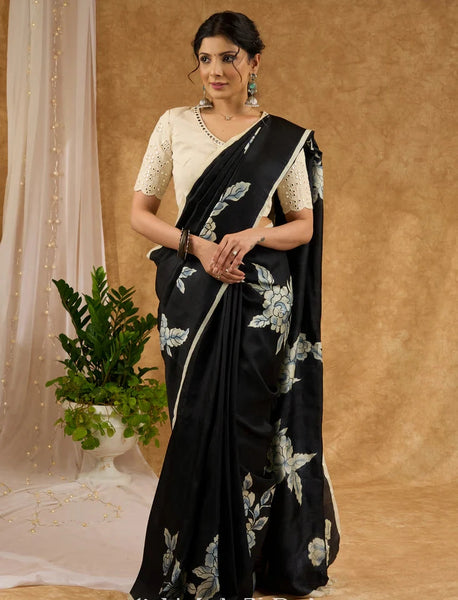 Black Hand Painted Pure Silk Saree With Floral Motifs