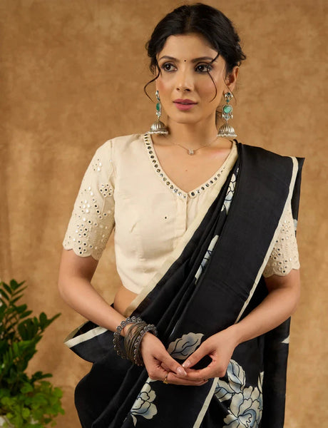 Black Hand Painted Pure Silk Saree With Floral Motifs