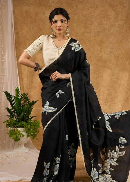 Black Hand Painted Pure Silk Saree With Floral Motifs