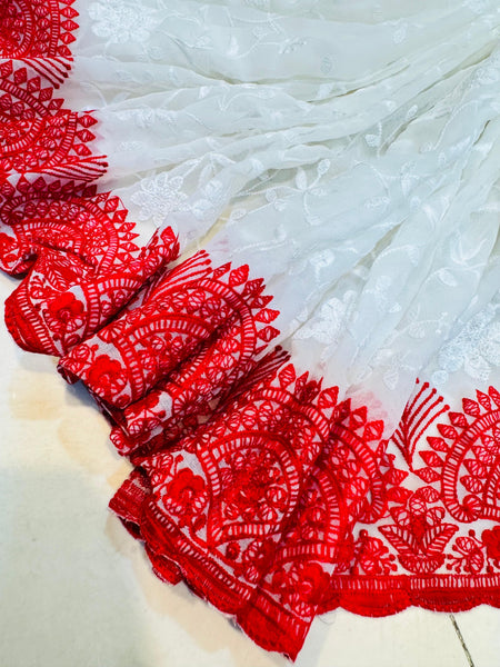 White and Red Pure Georgette Chiffon Chikankari Saree