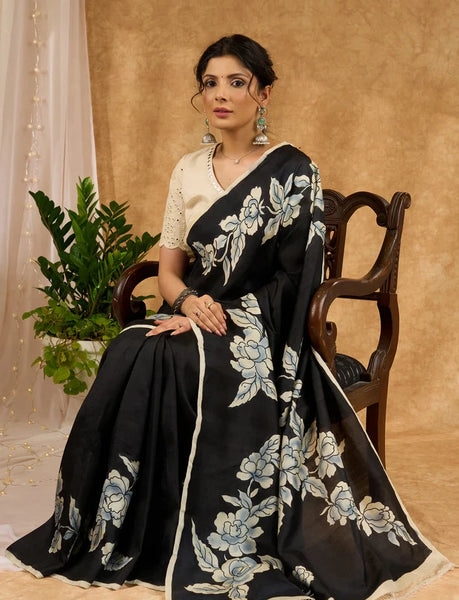 Black Hand Painted Pure Silk Saree With Floral Motifs