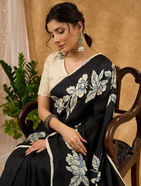 Black Hand Painted Pure Silk Saree With Floral Motifs