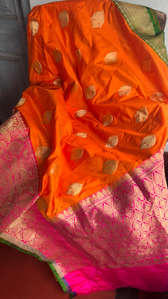 Pure Katan Silk Handloom Saree in Orange and Pink and Green