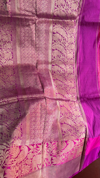 Pure Peacock Elephant Katan Silk Saree in Orange, Pink, and Magenta