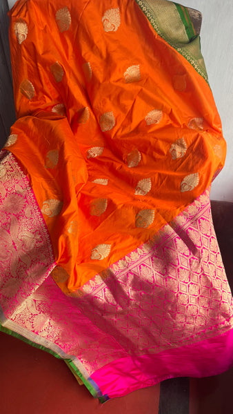 Pure Katan Silk Handloom Saree in Orange and Pink and Green