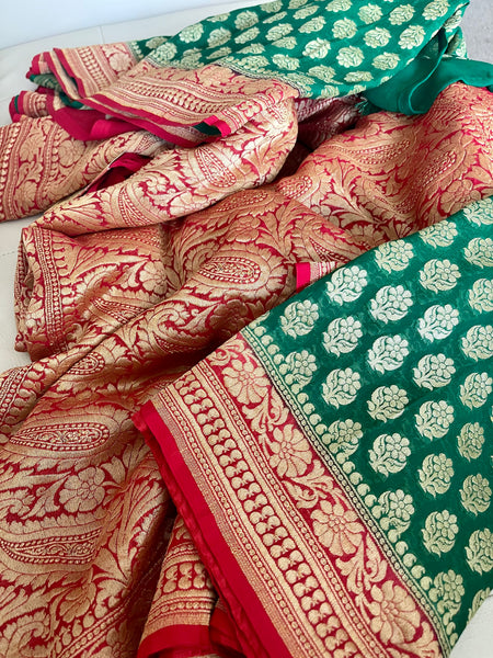 Green and Red Pure Khaddi Georgette Chiffon Silk Saree