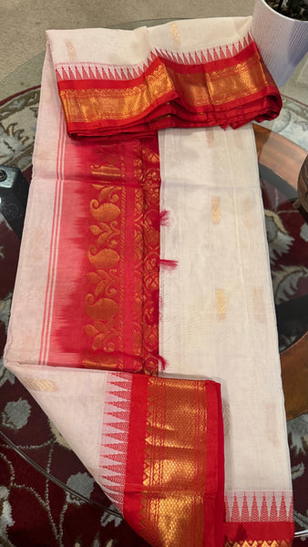 White and Red Cotton Gadwal Saree