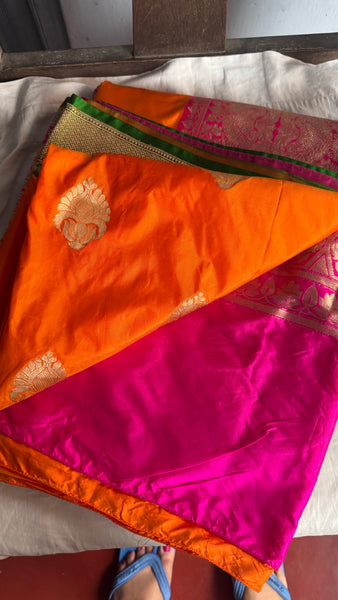 Pure Katan Silk Handloom Saree in Orange and Pink and Green