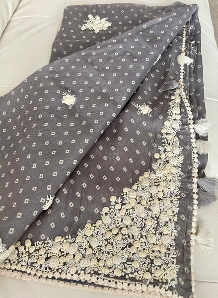 Grey and White French Knot Bandhej Saree