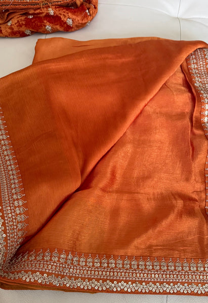 Orange Crepe Silk Saree with Zardosi Border