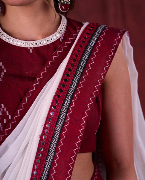 White Mul Cotton Saree with Ikat-Jamdani Border & Sparkling Mirror Lace Detailing