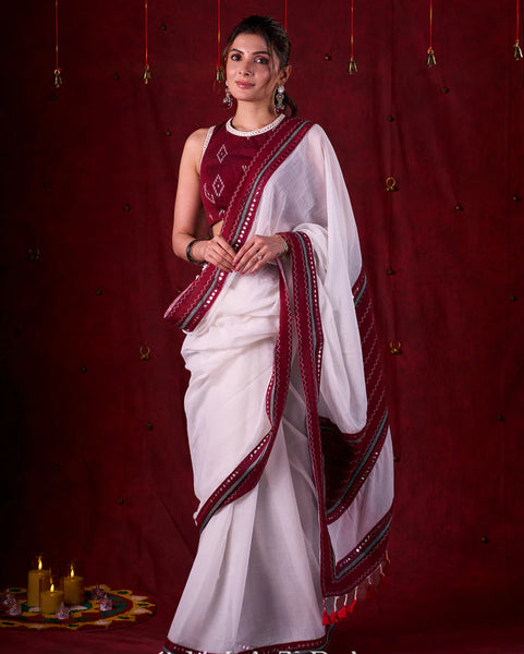 White Mul Cotton Saree with Ikat-Jamdani Border & Sparkling Mirror Lace Detailing