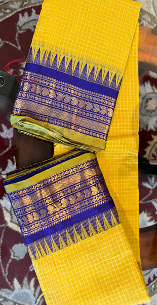Yellow and Blue Pure Cotton Handloom Gadwal