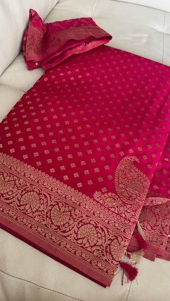 Rani Hot Pink Gold Khadi Banarasi Chiffon Georgette Saree
