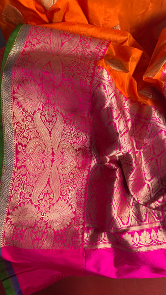Pure Katan Silk Handloom Saree in Orange and Pink and Green