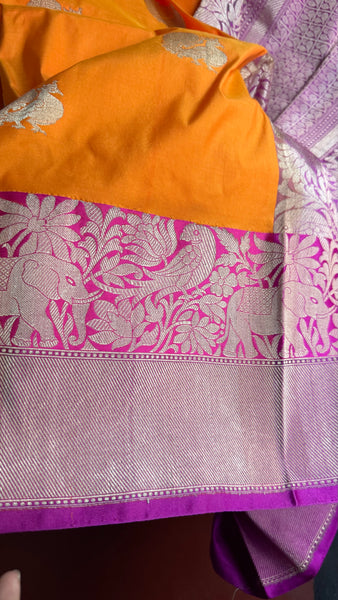 Pure Peacock Elephant Katan Silk Saree in Orange, Pink, and Magenta