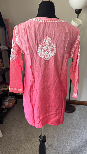 Silk Handwoven Dual Shaded Peach Pink Chikankari Short Kurti