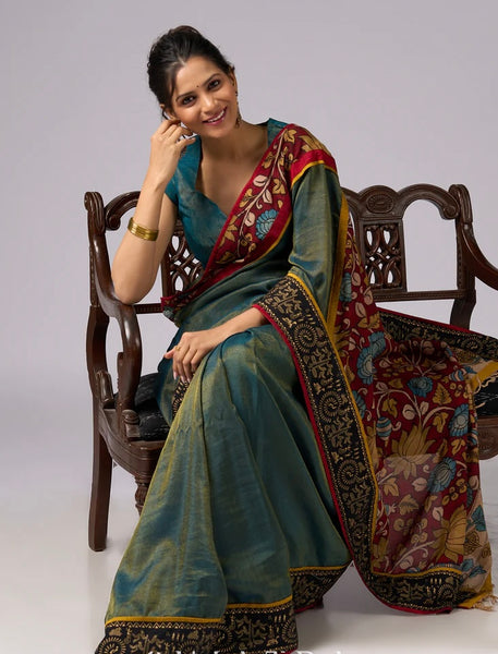 Iridescent Blue Green Shaded Tissue saree with Hand Painted Kalamkari pallu