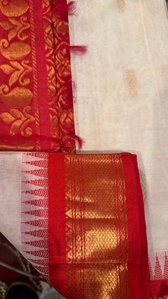 White and Red Cotton Gadwal Saree