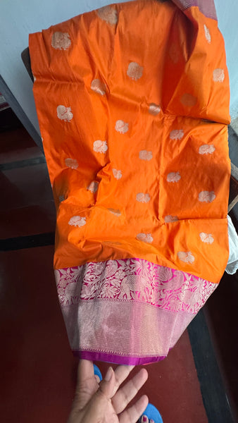 Pure Peacock Elephant Katan Silk Saree in Orange, Pink, and Magenta