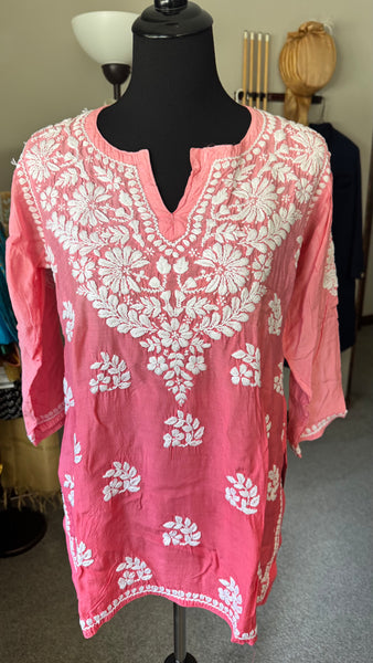 Silk Handwoven Dual Shaded Peach Pink Chikankari Short Kurti