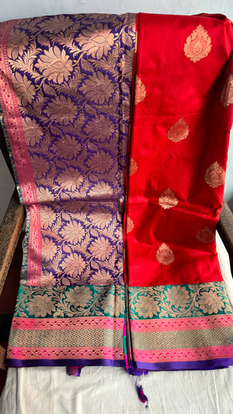 Tomato Red Soft Banarasi Pattu Katan Silk Saree with Zari weaves with Deep Navy Blue Border
