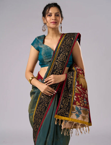 Iridescent Blue Green Shaded Tissue saree with Hand Painted Kalamkari pallu