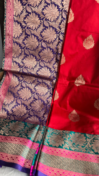 Tomato Red Soft Banarasi Pattu Katan Silk Saree with Zari weaves with Deep Navy Blue Border