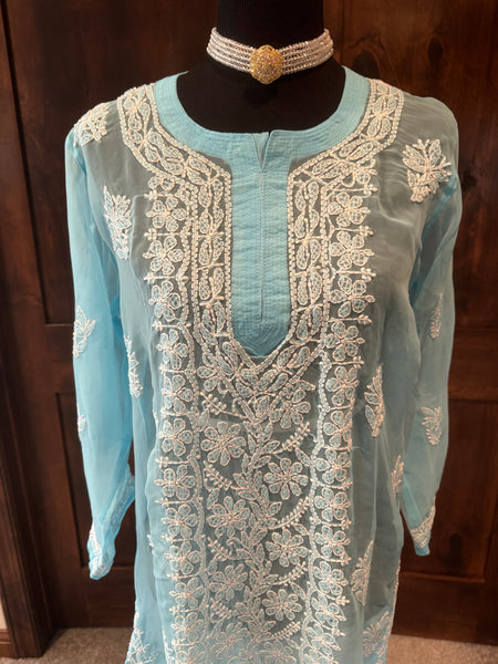 Sky Blue Georgette Lucknowi Chikankari long Kurti