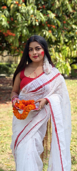 White Dhakai jamdani with Red Lace Border