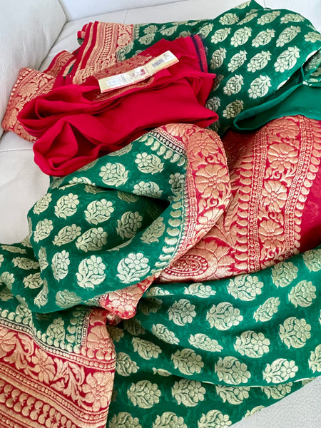 Green and Red Pure Khaddi Georgette Chiffon Silk Saree