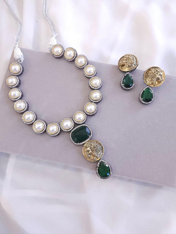 Sabyasachi inspired contemporary necklace set in Pearl and Green Stone