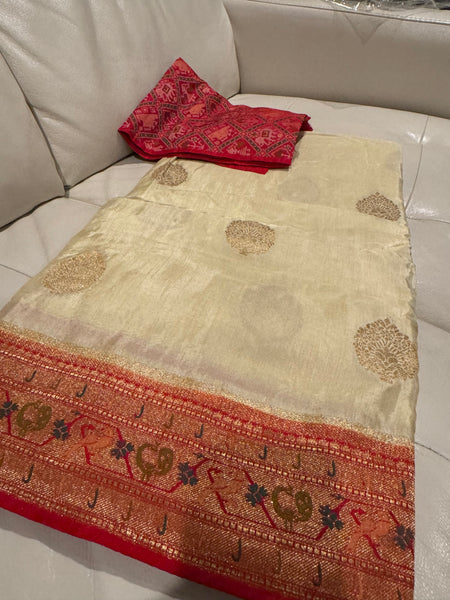 Off White and Red Muga Silk Saree with Embroidery and Ikkat Border