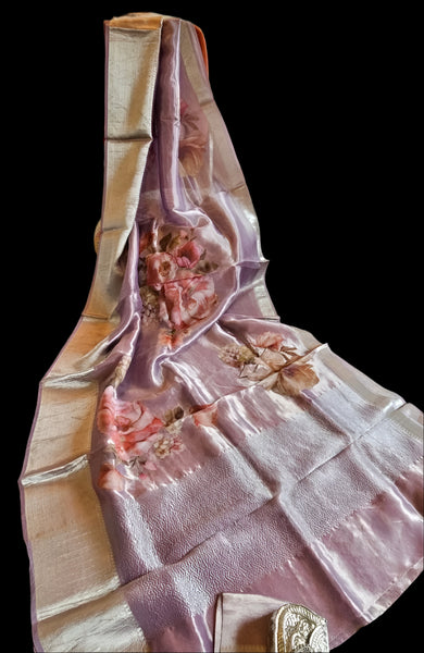 Pure Lavendar Tissue Silk Saree with Floral Applique Work