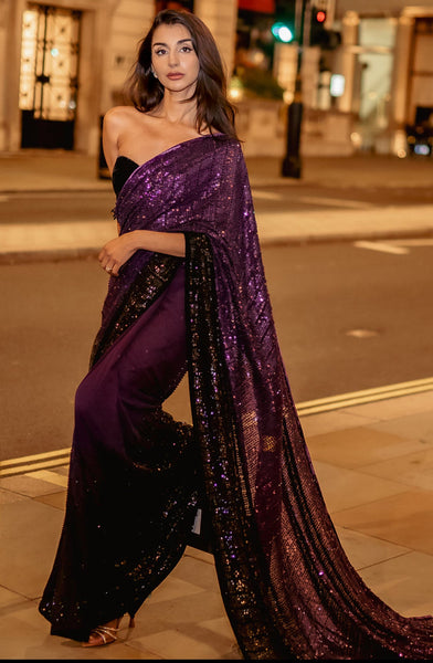 Deep Royal Purple Ombre Georgette Sequins Saree