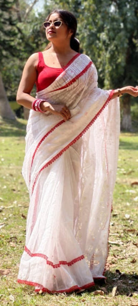 White Dhakai jamdani with Red Lace Border