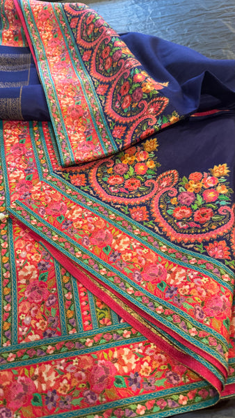 Navy Blue and Pink Kani Saree with Golden Zari