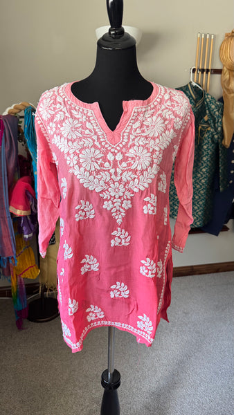 Silk Handwoven Dual Shaded Peach Pink Chikankari Short Kurti