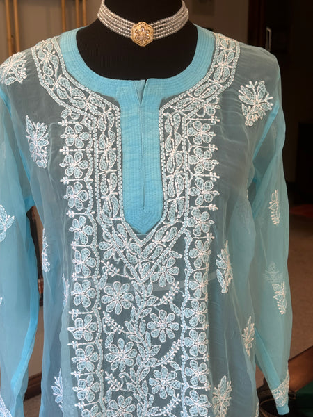 Sky Blue Georgette Lucknowi Chikankari long Kurti