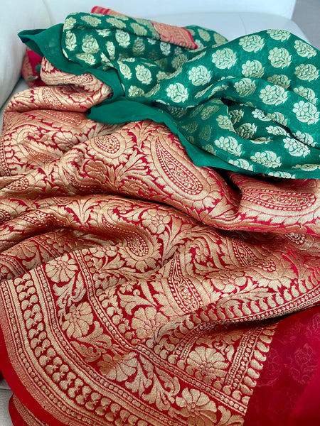 Green and Red Pure Khaddi Georgette Chiffon Silk Saree