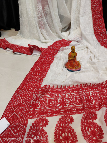 White and Red Pure Georgette Chiffon Chikankari Saree