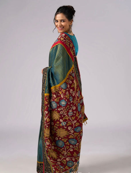 Iridescent Blue Green Shaded Tissue saree with Hand Painted Kalamkari pallu