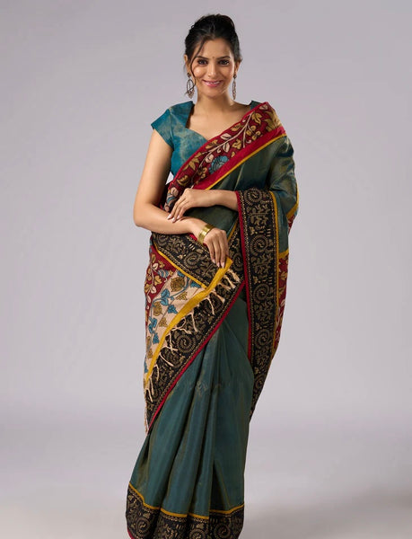 Iridescent Blue Green Shaded Tissue saree with Hand Painted Kalamkari pallu