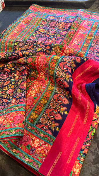Navy Blue and Pink Kani Saree with Golden Zari