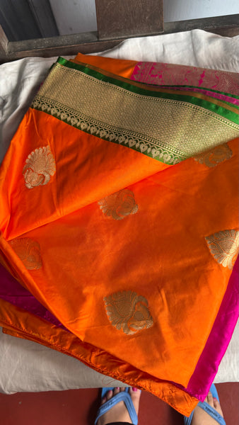 Pure Katan Silk Handloom Saree in Orange and Pink and Green